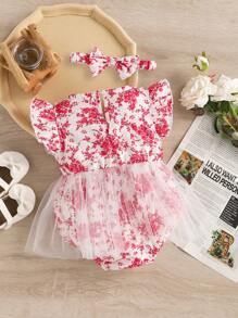 Body dla dziewczynki w kwiaty z nadrukiem i kokardką na lato - Wielokolorowe - Zobacz 2