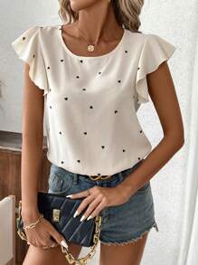 SHEIN Clasi Heart Print Round Neck Ruffle Trimmed Bodysuit With Decorative Bow - Apricot - View 4