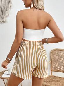 SHEIN 两件套孕妇休闲蝴蝶结露脐吊带背心和可调节腰带条纹短裤套装 - 彩色 - 查看 2