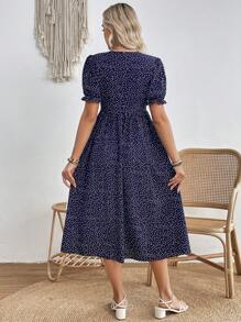 SHEIN Maternity Polka Dot Printed V-Neck Dress - Royal Blue - View 2