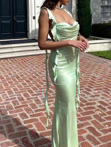Women's Bodycon Mermaid Style Spaghetti Strap Backless Dress With Ruffle Hem - Green - View 7