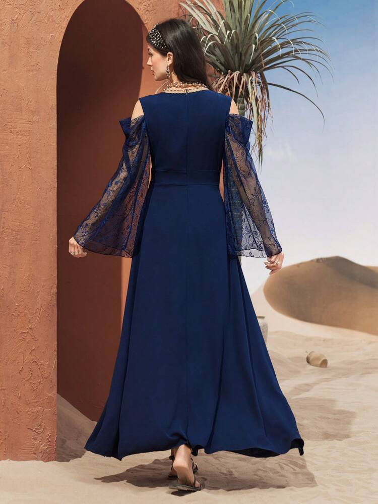 Women's Lace Open Shoulder Long Sleeve Arabic Traditional Dress With Woven Belt Kaftan Jalabiya Dress