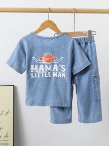 Áo sơ mi denim tay ngắn thời trang, giản dị và thoải mái cho bé trai và quần jeans có họa tiết chữ và mũ cao bồi - Rửa trung bình - Xem 2