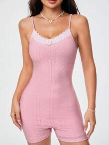 SHEIN Qutie Lace & Hollow Out & Embroidery Patchwork Spaghetti Strap Bodycon Romper - Pink - View 6