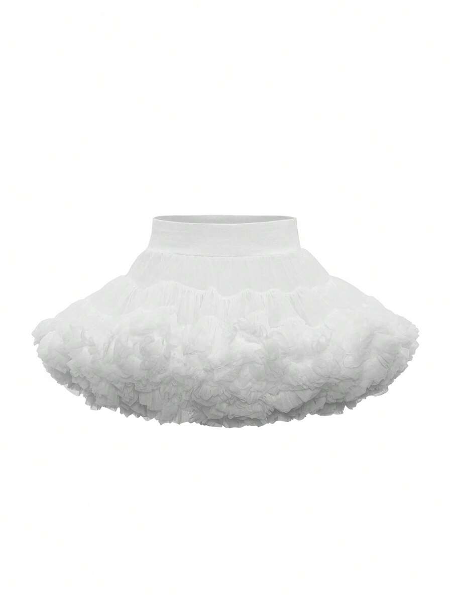 Young Girl' Elegant White Tulle Puff Skirt, Suitable For Spring, Summer, Autumn, Matching With T-Shirts Or Blouses For A Lovely, Sweet Look, Great For Outings, Parties And Gatherings - White - View 1