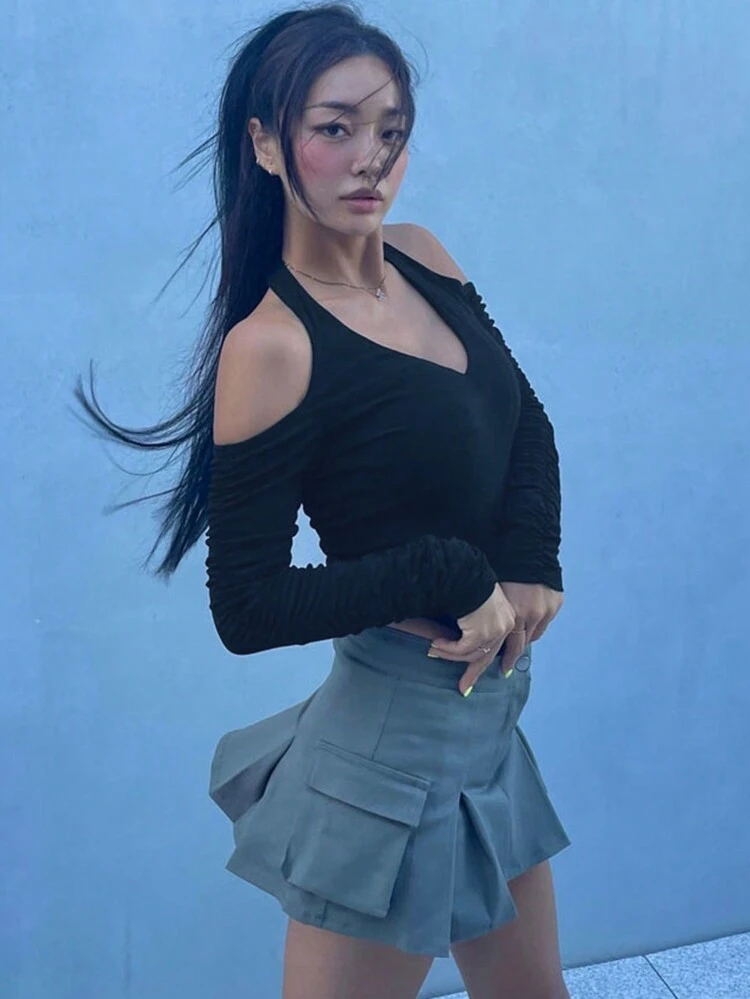 Women's Solid Color Open Shoulder Halter Neck T-Shirt Long Sleeve Women Tops