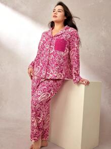 LUVLETTE Autumn And Winter Women Red Plus Paisley Print Cotton Long Pajama Set Lounge Set Lingerie Fall Pajamas Clothes - Hot Pink - View 7