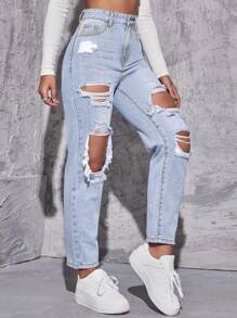 SHEIN EZwear High Waist Ripped Mom Fit Jeans - Light Wash - View 4