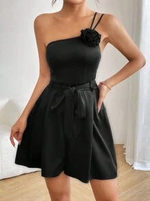 Allurite Solid Color One Shoulder Floral Detail High Waist Romper