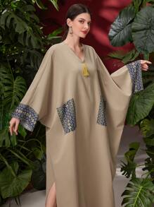 Al Najma Print Patchwork Double Pockets Batwing Sleeve Dress Kaftan Jalabiya Dress - Apricot - View 2
