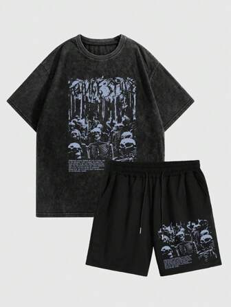 Goth Herren T-shirt Und Shorts Set Mit Schädel- Und Spruchdruck Und Abgenutztem Stil