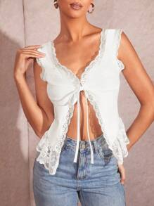 SHEIN BAE 夏季約會和日常穿著的蕾絲拼接蝴蝶結綁帶無袖背心