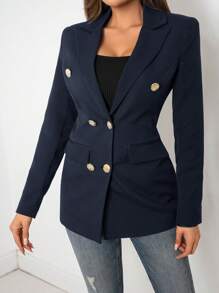 EURMUSE Ladies' Double-Breasted Long Sleeve Suit Jacket - Navy Blue - View 5