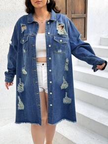 SHEIN CURVE+ 大尺碼女士破洞長袖牛仔外套 - 深色水洗藍 - 查看 1