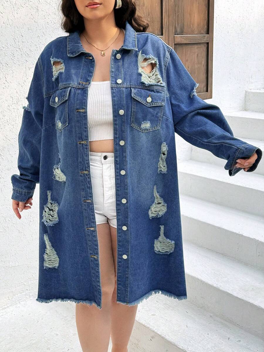 SHEIN CURVE+ 大尺碼女士破洞長袖牛仔外套 - 深色水洗藍 - 查看 1