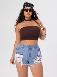 SHEIN ICON Plus Size Denim Shorts Kantong Raw Hem Ripped Plain - Biru - View 3