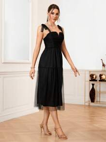 SHEIN Belle Contrast Mesh Layered Hem Cami Cocktail Party Dress - Black - View 3