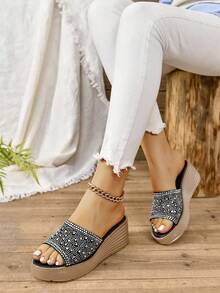 女式厚底楔跟鑲鑽涼鞋,時尚舒適,適合戶外活動,黑色 - 彩色 - 查看 3