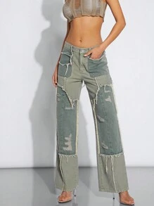 Denimoi Colorblock Wide Leg Pants With Frayed Hem And Pockets - Khaki - View 1
