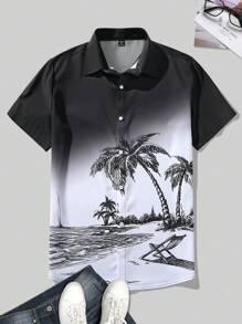 Manfinity RSRT 男士海洋印花短袖襯衫，紐扣式圖案襯衫，送男友禮物必備 - 黑色 - 查看 3