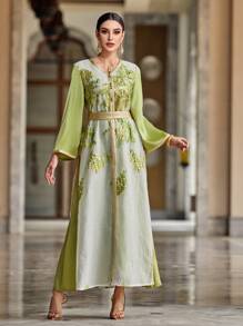 Al Najma Patchwork Jacquard 2 In 1 Long Robe Jalabiya With Weave Ribbon - Green - View 8