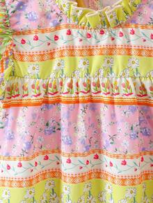 SHEIN 少女草原花卉印花連衣裙,搭配荷葉邊緣 - 彩色 - 查看 7