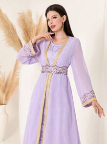 Embroidered Lace Detail Dress And Patchwork Woven Tape Outerwear - Purple - View 3