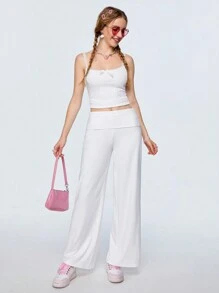 SHEIN Qutie Của phụ nữ Trắng Eo thấp Rộng chân Quần Với Gấp lại Dây thắt lưng - trắng - Xem 6