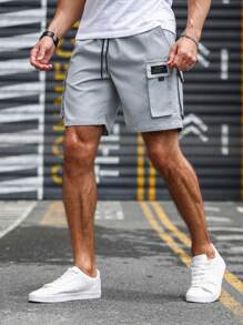 Manfinity Homme Men's Patch Drawstring Waist Cargo Shorts - Light Grey - View 2