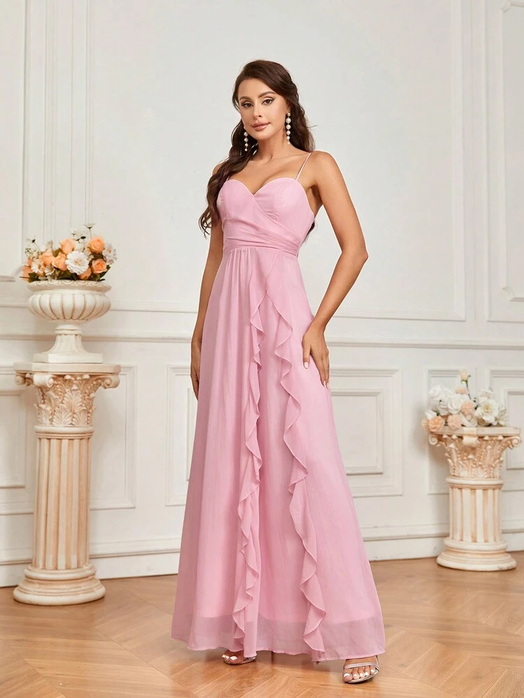 Elegant Spaghetti Strap Chiffon Ruffle Trim A-Line Bridesmaid Dress With Ruffle Trim