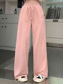 Dazy Designer Women's Pink Letter Embroidery Drawstring Waist Long Pants