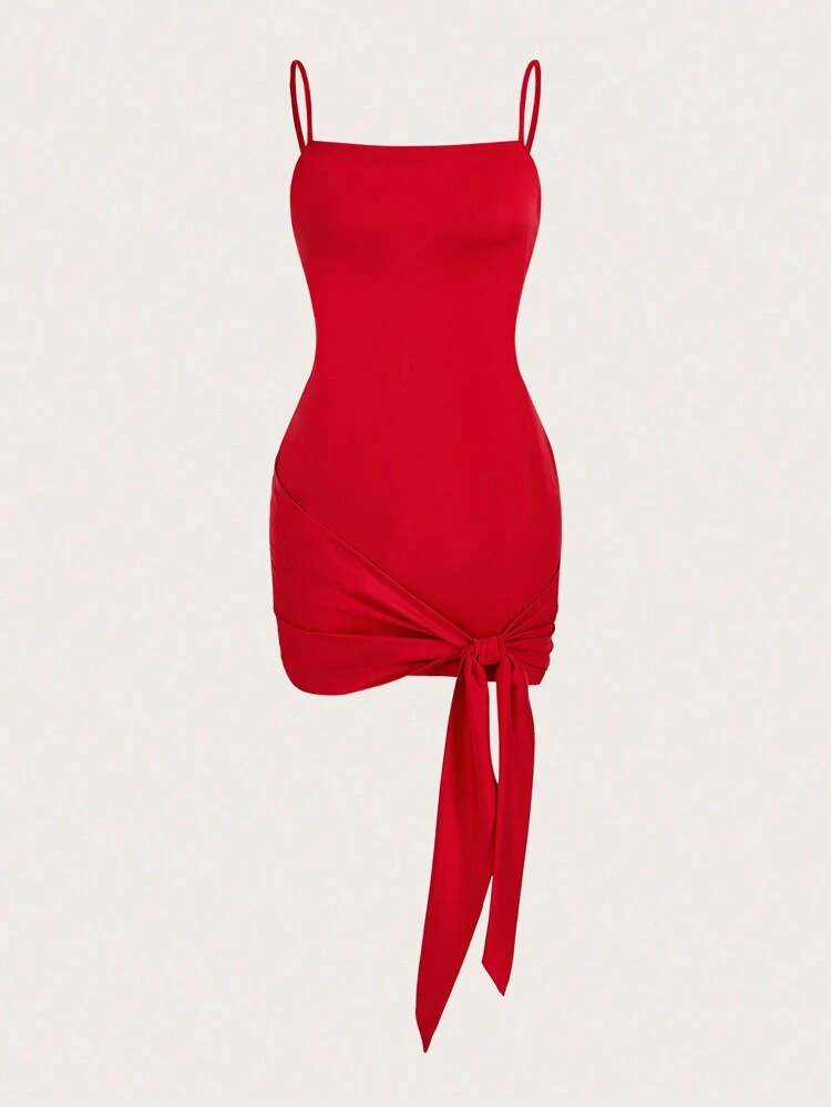 Summer Women's Solid Color Wrap Tie Strap Sexy Red Cami Dress