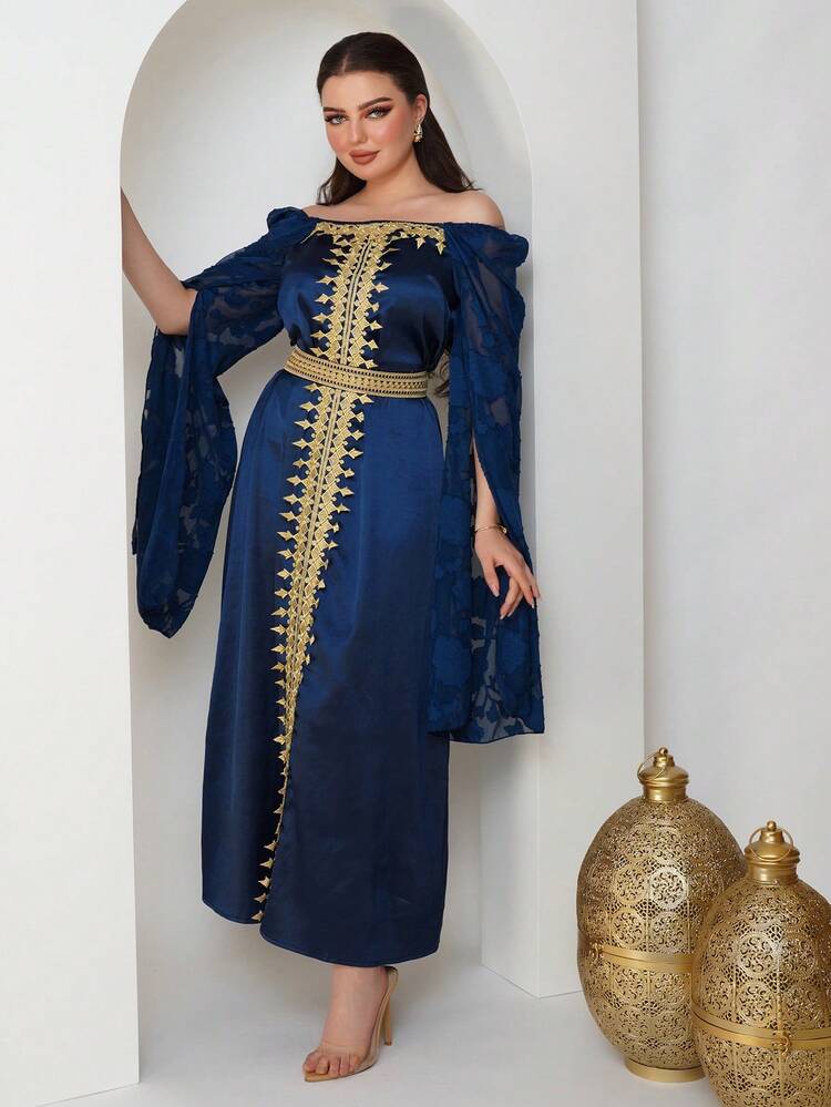 Women's Cloak Sleeve Dress With Woven Straps And Cut Flowers Patchwork Kaftan Jalabiya Dress