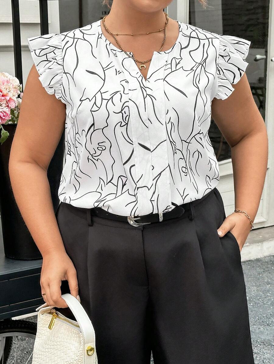 SHEIN Essnce 大码女式新款时尚通勤优雅休闲线条印花荷叶边宽松盖袖夏季衬衫 - 黑與白 - 查看 1