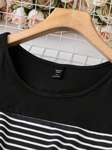 SHEIN LUNE Plus Size Women Striped Short Sleeve T-Shirt, Women Summer Top - Black and White - View 3
