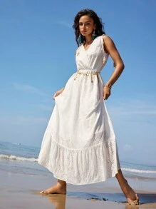 Anewsta Holiday Style Romantic Beach Sexy Laser Embroidery & Tassel Decor Drawstring Women's Casual White Cross V-Neck Floor-Length Dress