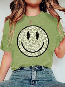 INAWLY 女性豹紋和臉部圖形圓領短袖t卹 - 青檸色 - 查看 1