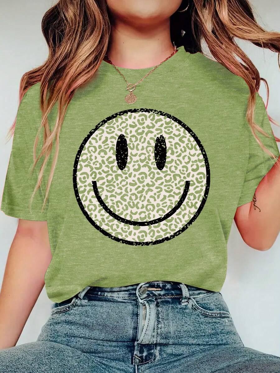 INAWLY 女性豹紋和臉部圖形圓領短袖t卹 - 青檸色 - 查看 1