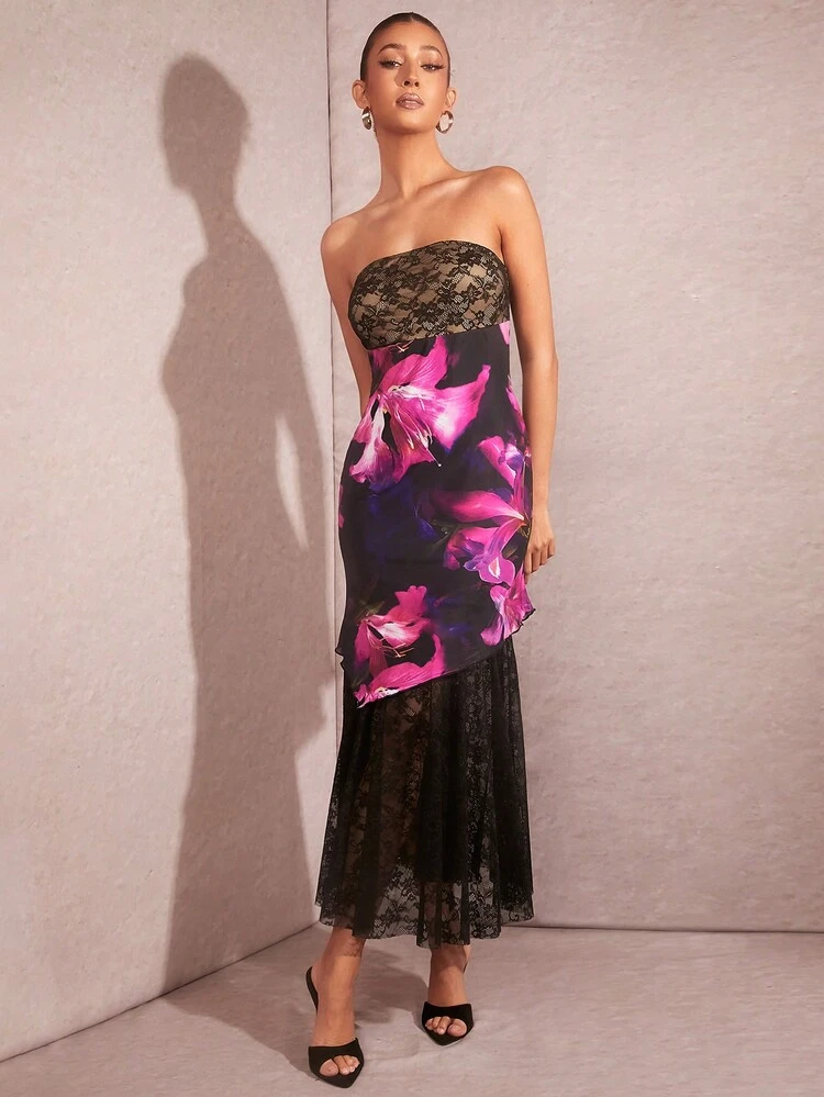 Elegant Spring Floral Print Mermaid Hem Lace Panel Strapless Bodycon Dress