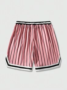 ROMWE MEN Prep Men Summer Sports Striped And Letter Printed Drawstring Waist Mesh Basketball Shorts - Pink - View 2