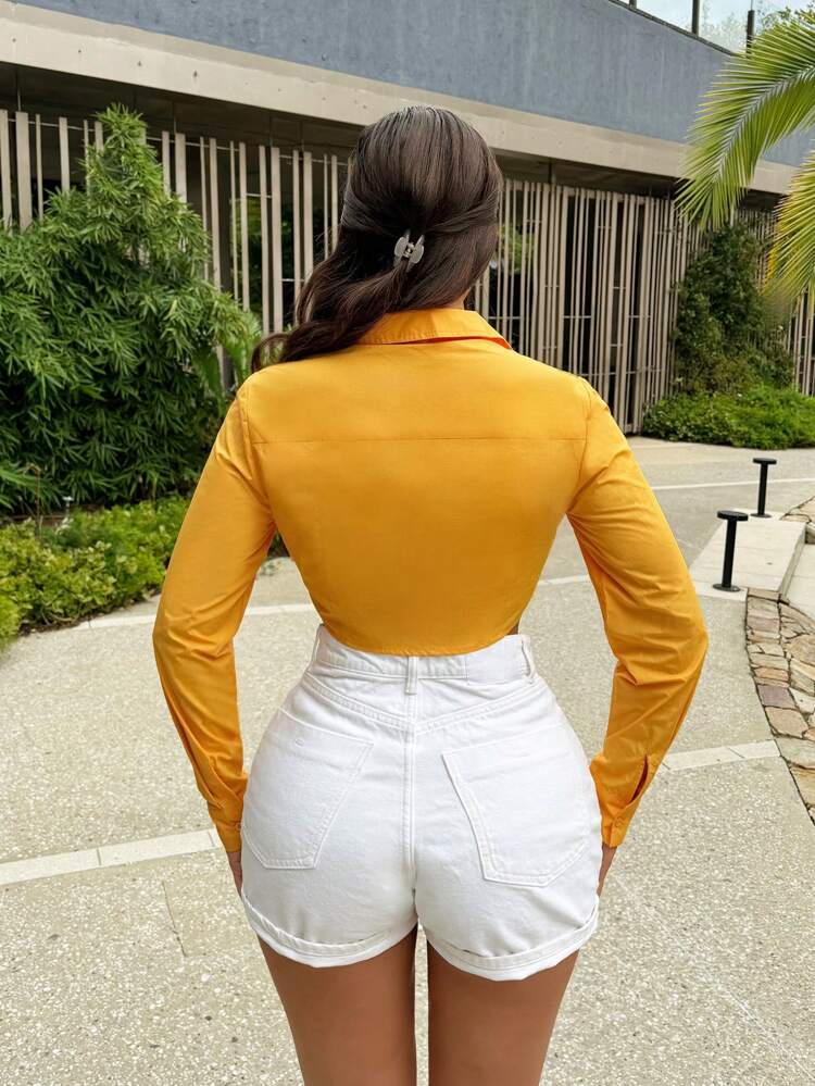 Cropped Tie-Front Sexy Long Sleeve Shirt