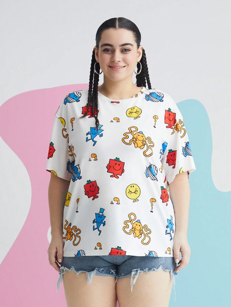 Mr Men Little Miss X SHEIN Plus Cartoon Graphic Drop Shoulder T-Shirt - White - View 1