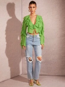 SHEIN BAE Solid Color Sweet Elegant V-Neck Tie Front Ruffle Hem Sheer Blouse With Flare Sleeves For Summer - Green - View 6
