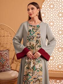 Al Najma Printed Patchwork Flare Sleeve Dress Kaftan Jalabiya Dress - Grey - View 3