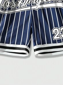 ROMWE MEN Prep Men Building & Letter Graphic Drawstring Waist Mesh Basketball Shorts, School - Navy Blue - View 4