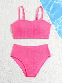 Conjunto de bikini textureado de unicolor para niña preadolescente, conjunto de bikini separado para playa de verano - Rosa Fucsia - Ver 3