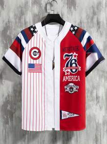 Manfinity Roghcode Men's Colorblocked Button-Front Shirt With Letter And Flag Print