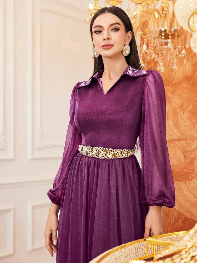 Patchwork Sheer Mesh V Neckline Waist Cinched Dress,Elegant Evening Party Dress Long Evening Dresses