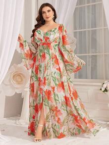 大码女式花卉印花褶饰腰部喇叭袖连衣裙