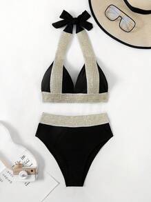 SHEIN Swim Color Block Halter Bikini Set With Woven Detachable Straps, Beach Outfit Bathing Suit Summer,Summer Beach - Black - View 6
